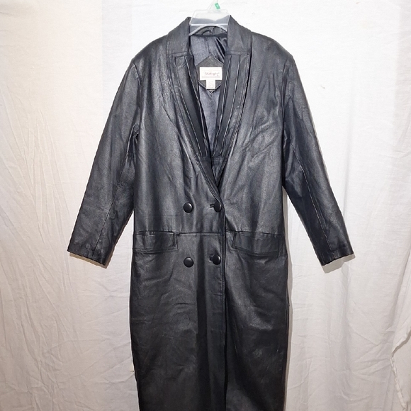 Vintage Black Leather Coat, Long Double Breasted, Worthington, Sz 4 NWOT - Picture 10 of 12
